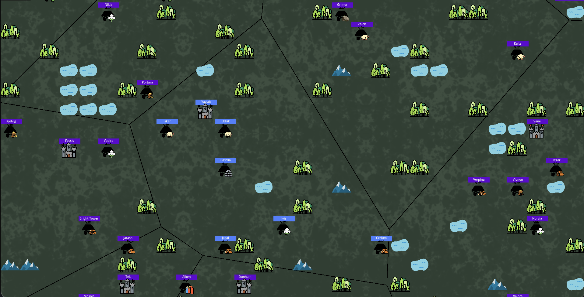 Procedurally generated world map with regions, cities, and villages