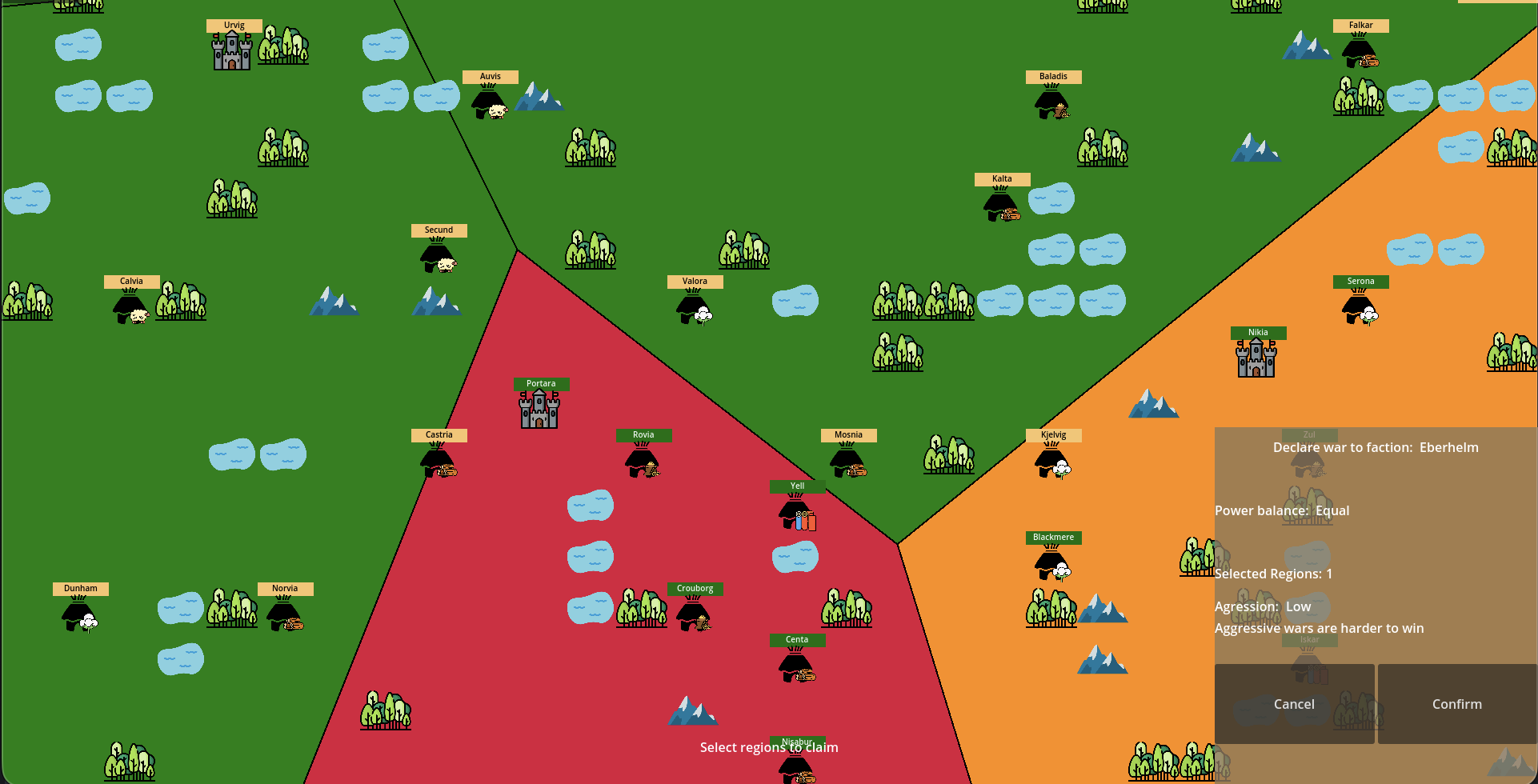War declaration screen showing aggression level and target regions